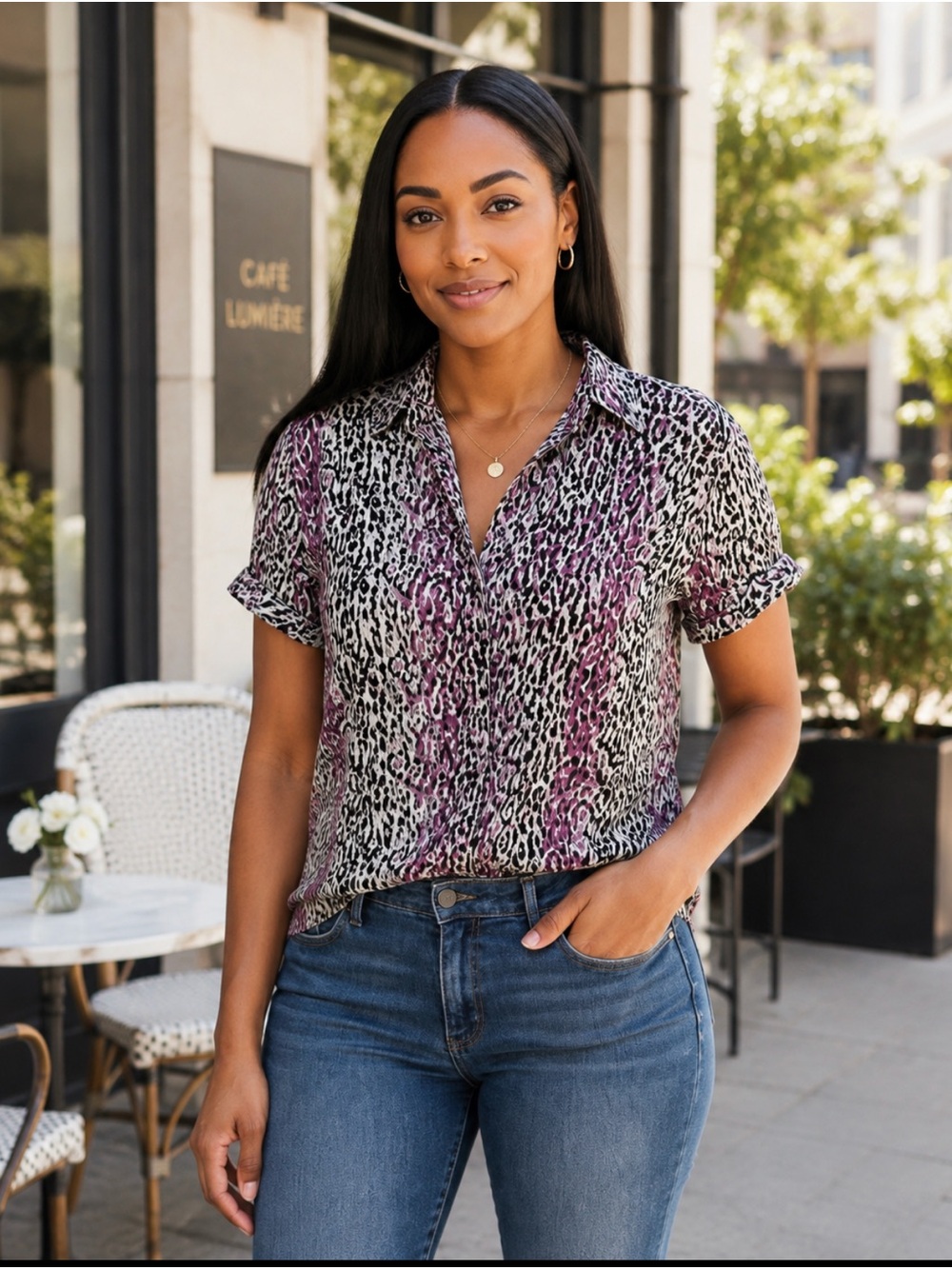 Apt. 9 Black and Purple Animal-Print Short-Sleeve Button-Down Shirt